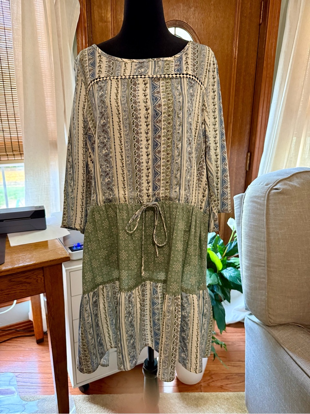 Easel brand Boho Stripe & Floral Tiered Dress in Green and Cream